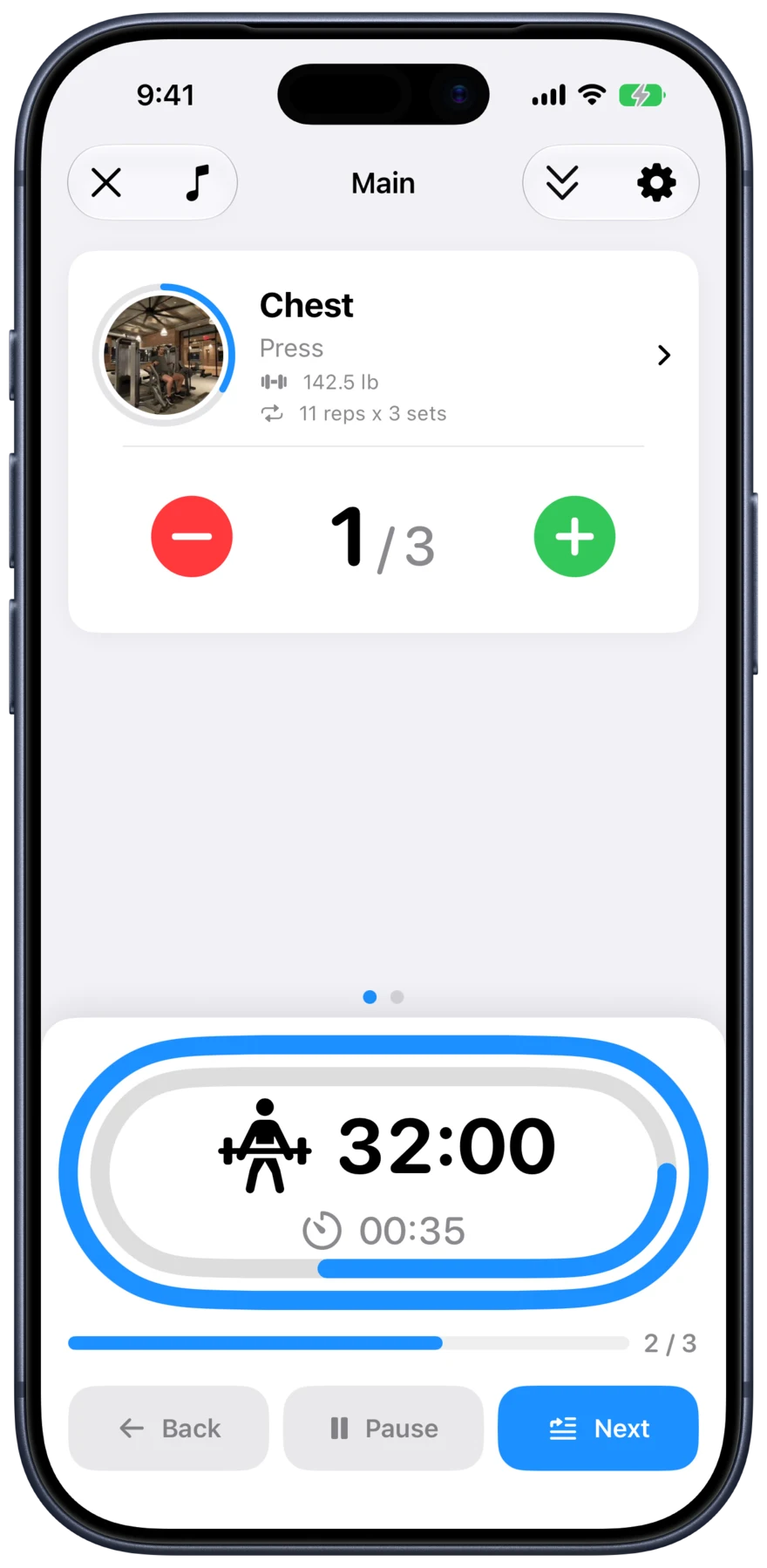 Active workout screen logging sets with a running rest timer