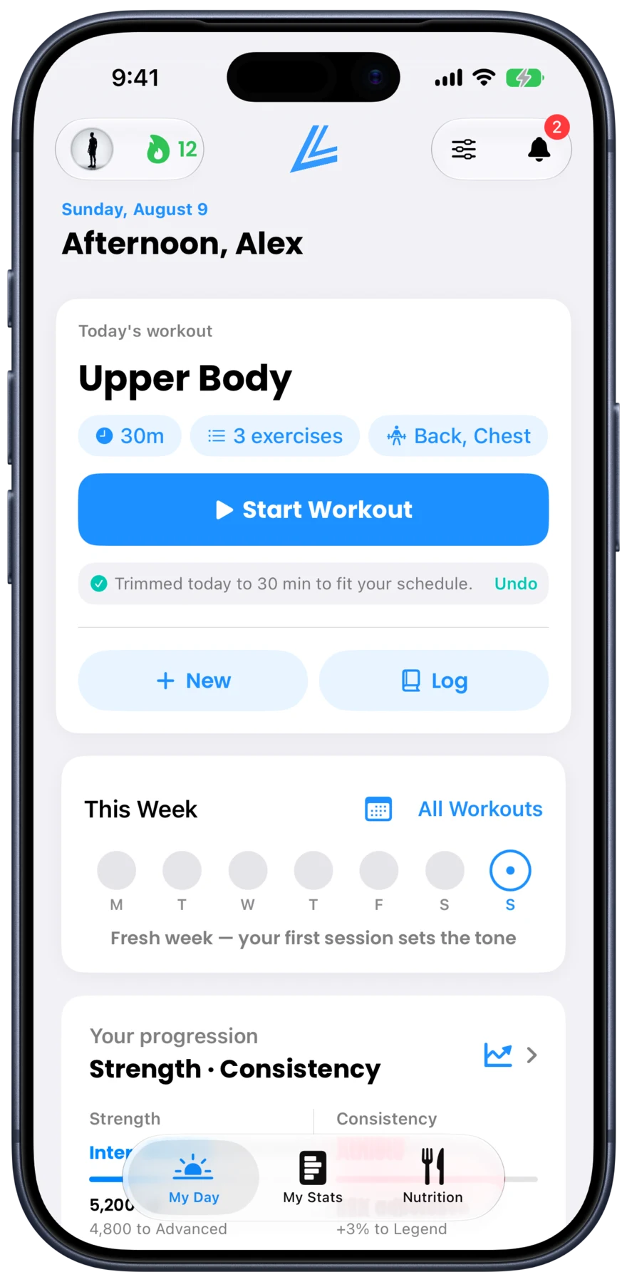 My Day screen showing today’s workout, streak, and progression levels